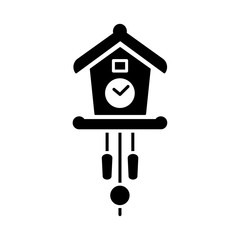 Vector illustration of vintage wall cuckoo clock with pendulum. Flat icon of old decorative wooden clock in the form of chalet with pine cones. Isolated on white background.