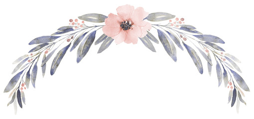 Bouquet composition decorated with dusty pink watercolor flowers and eucalyptus greenery