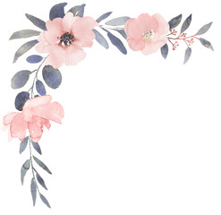 Bouquet corner composition decorated with dusty pink watercolor flowers and eucalyptus greenery