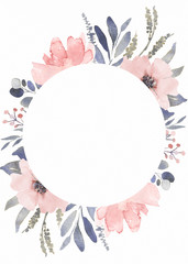 Frame composition decorated with dusty pink watercolor flowers and eucalyptus greenery