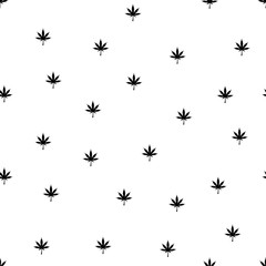 Repeating Highlighted Marijuana Leaf of Cannabis Indica Plant with Seven Blades Seamless Pattern Wallpaper - Black Elements on White Background - Vector Flat Graphic Design