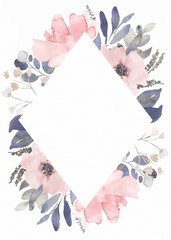 Frame composition decorated with dusty pink watercolor flowers and eucalyptus greenery