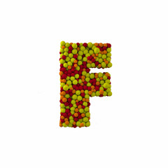 Letter F made of brown woolen balls, isolated on white, 3d rendering