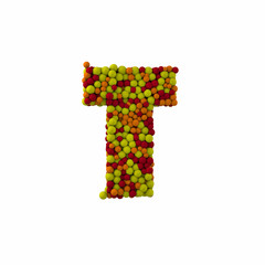 Letter T made of brown woolen balls, isolated on white, 3d rendering