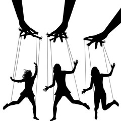 Manipulating arms controlling puppet silhouettes - obrazy, fototapety, plakaty
