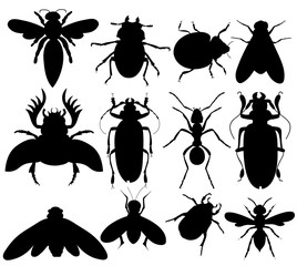  set of insects, beetles, flies, silhouette