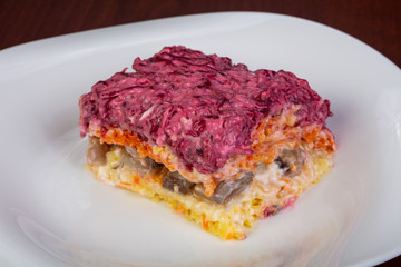 Russian salad with herring and beetroot