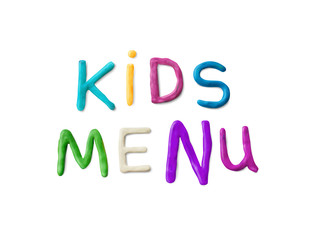 Handmade modeling clay words kids menu. Realistic 3d vector lettering isolated on white background. Creative colorful design. Children cartoon style.