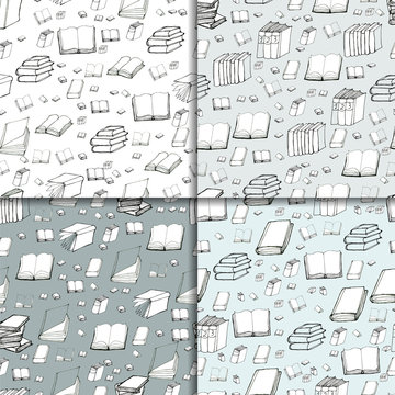 Seamless vector doodle pattern set with books. Four library hand drawn sketchy backgrounds. Reading and education concept.