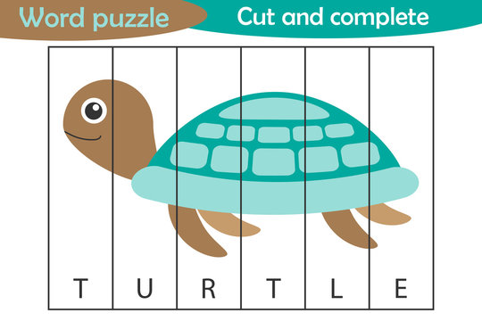 Word puzzle, turtle in cartoon style, education game for development of preschool children, use scissors, cut parts of the image and complete the picture, vector illustration