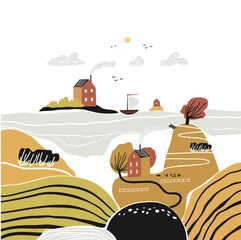 Cercles muraux Chambre de bébé Fond d& 39 automne. Paysage scandinave. Motif coloré enfantin avec des collines, des vallées et des maisons. Paysage de printemps lumineux