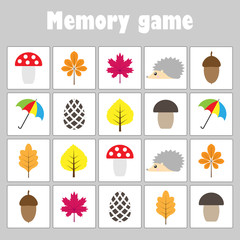 Memory game with pictures (autumn theme) for children, fun education game for kids, preschool activity, task for the development of logical thinking, vector illustration