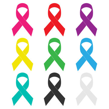 Set, colorful realistic ribbons on white background. Symbol ribbons for awareness.