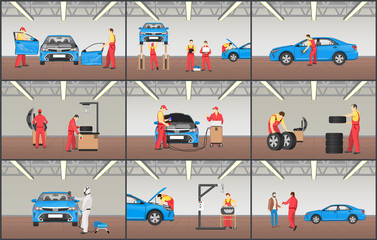 Automobile Service Color Vector Illustrations Set