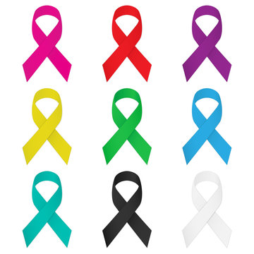 Set, colorful realistic ribbons on white background. Symbol ribbons for awareness with shadow.