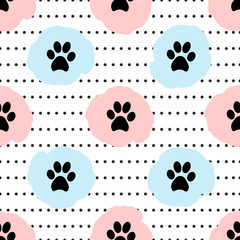 Fototapeta premium Seamless patterns with black animal footprints, circles, pink and blue spots.