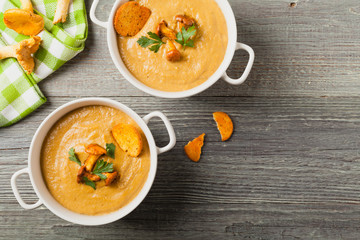Delicious soup, cream with mushroom chanterelles.