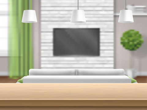 View on living room with sofa and tv through the wooden bar table. Bright interior. Living room with sofa tv and wooden bar table. Vector image with blur, defocus effect.