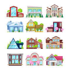 Set of colorful country houses, family cottages, mansion recreation, hotels. - obrazy, fototapety, plakaty
