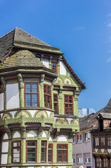 Old green half timbered house in the center of Hoxter, Germany