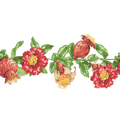 Horizontal vector seamless decorative line with pomegranate flowers and fruits