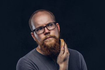 Close up portrait of a redhead bearded male wearing glasses dressed in a gray t-shirt, cares about his beard using a beard brush. Isolated on dark textured background.
