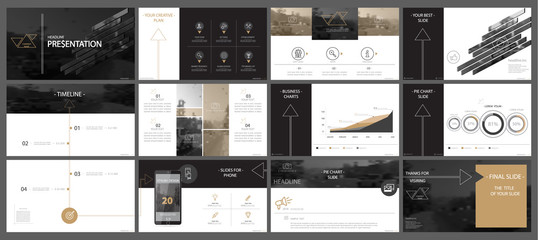Brown, black, elements of presentation templates, white background. Slide set. 2018. Regional infographic. Business presentations, corporate reports, marketing, advertising, annual, booklets, banners
