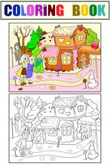 Childlike coloring raster story scene with pair of children eating some sweets near colorful cottage in deep forest
