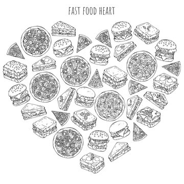 Vector illustrations on the fast food theme; set of different kinds of burgers, pizzas and sandwiches. Pictures are depicted as dark sketches on a white background grouped in the heart.