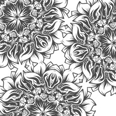 A square tile with flowers, monochromatic drawing