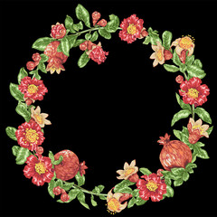 Fototapeta na wymiar Decorative border vector frame wreath with pomegranate fruits and flowers