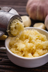 fragrant garlic on a wooden rustic background