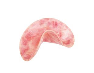 Italian prosciutto crudo or spanish jamon. Raw ham on white background.