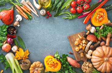 Healthy or vegetarian nutrition concept with selection of organic autumn fruits and vegetables