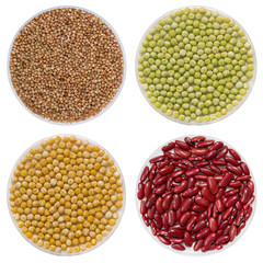 Mix of bean, rice, buckwheat seeds and pea on white background. Set grain in the form of a circle isolated