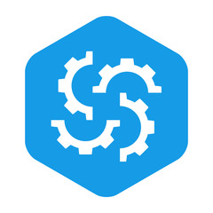 Icono plano 4 engranajes girando en hexagono azul