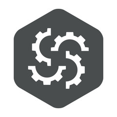 Icono plano 4 engranajes girando en hexagono gris