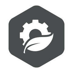 Icono plano engranaje con hoja en hexagono gris