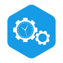 Icono plano engranajes con esfera reloj en hexagono azul