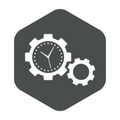 Icono plano engranajes con esfera reloj en hexagono gris