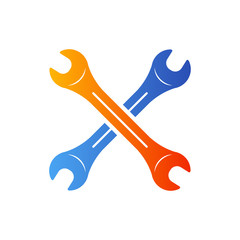 Icono plano llaves cruzadas en azul y naranja