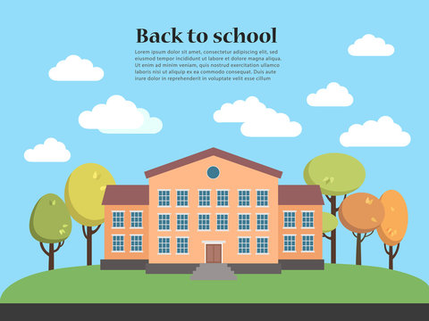 Vector illustration of school building with landscape. Back to school template.