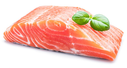 Fresh raw salmon fillet decorated with fresh basil on white background.
