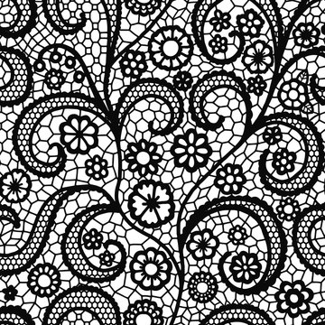 Black lace vintage seamless pattern with flowers