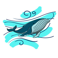 Vector cute cartoon whale on white background. Whale vector illustration.