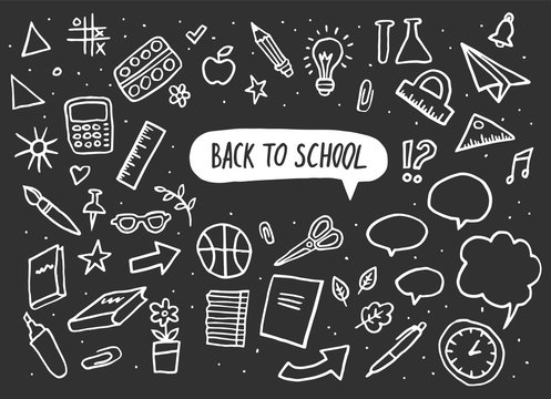 Back to school set. Vector Lettering and hand-drawn graphic. Education items. Vector illustration