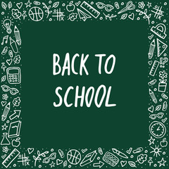 Back to school Vector Lettering and hand-drawn graphic. Template frame on white background. Vector illustration