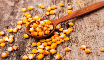 a bowl of corn is on a wooden table.Wooden spoon of grains of corn.Grains of corn