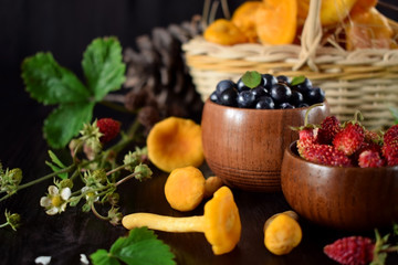 Strawberries, bilberries and chanterelles. Freshly picked forest berries and mushrooms