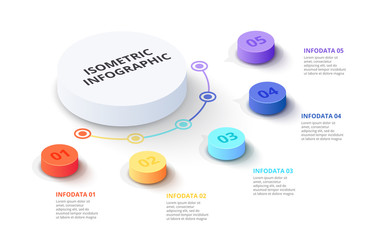 Vector 3d gradient cylinders. Business template for presentation. Creative concept for isometric infographic with 5 steps, options, parts or processes.
